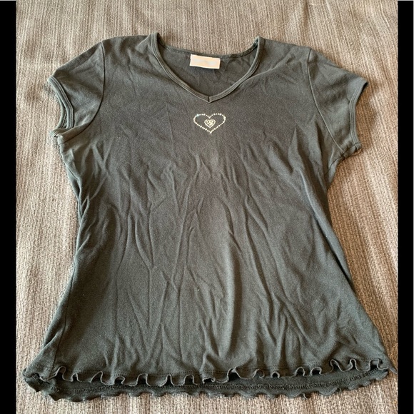 Vintage Y2K Black Tee Top T-shirt Embelished Heart - Picture 5 of 11